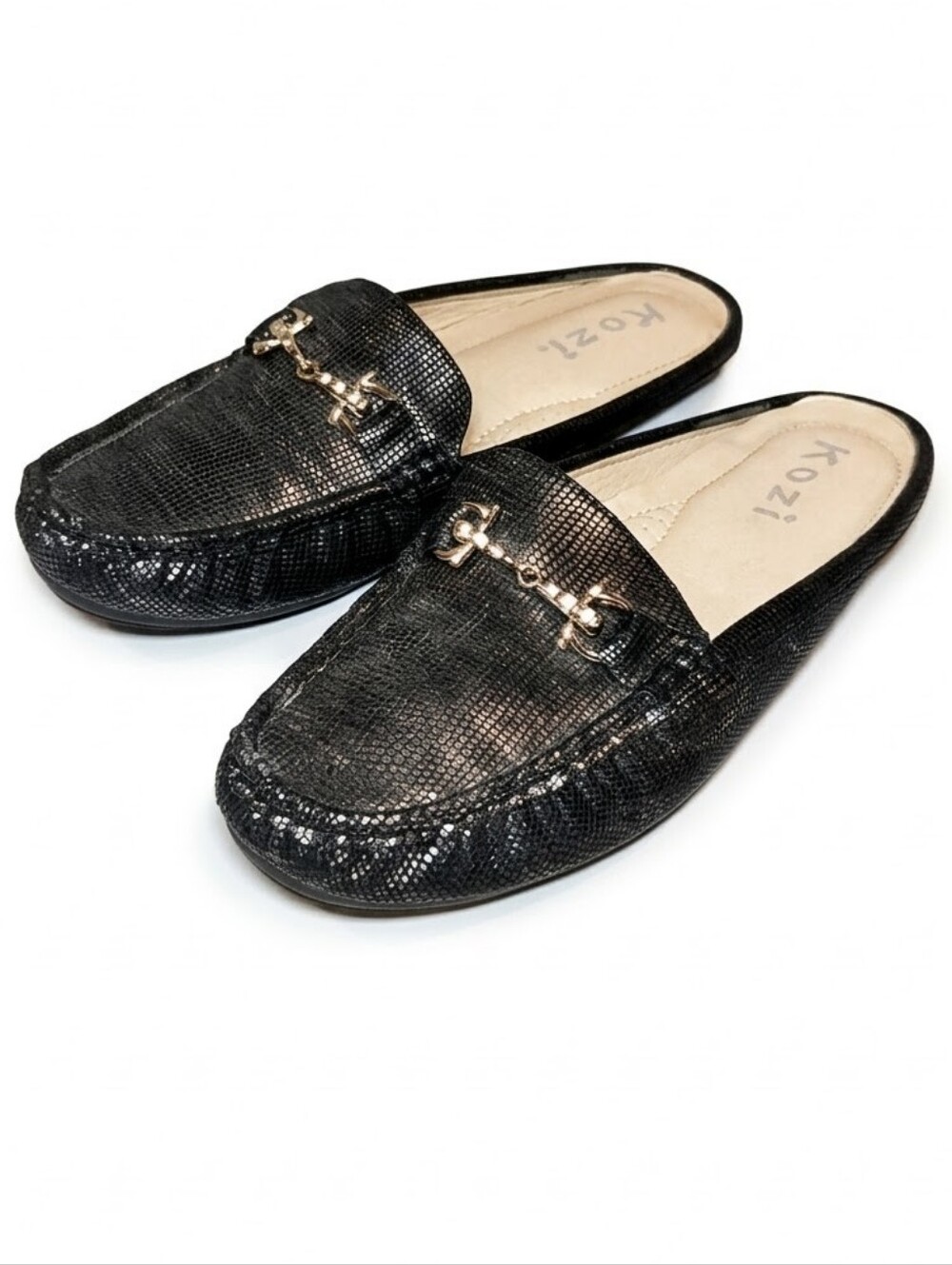 Kozi Metallic Loafer Shoes Vegan Faux Leather Rhinestone Buckle Slip On Flats